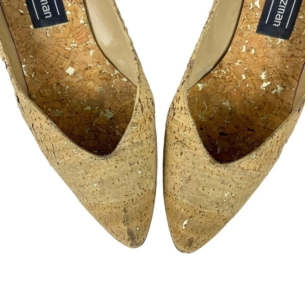 STUART WEITZMAN VINTAGE CORK V CLEAVAGE LEATHER SOLE SCULPTURAL HEEL PUMP HEELS